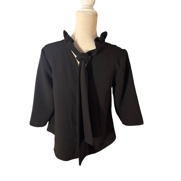 Tuckernuck Black Faye Blouse size M medium ruffle neck bow back 3/4 sleeve top - Picture 8 of 10